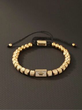 Gold Beaded Men's Bracelet with Black Cord